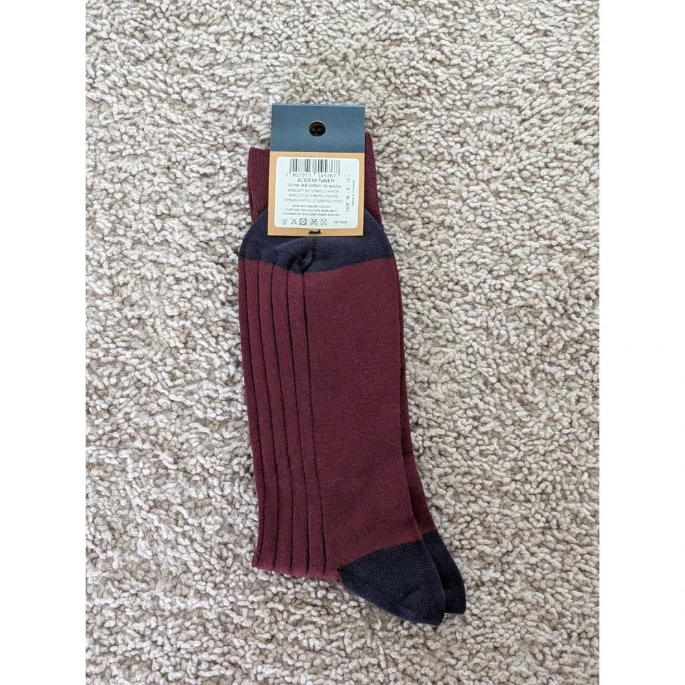 NWT Charles Tyrwhitt Socks Mens 6-10 Wine Red Cotton Rib Calf Length